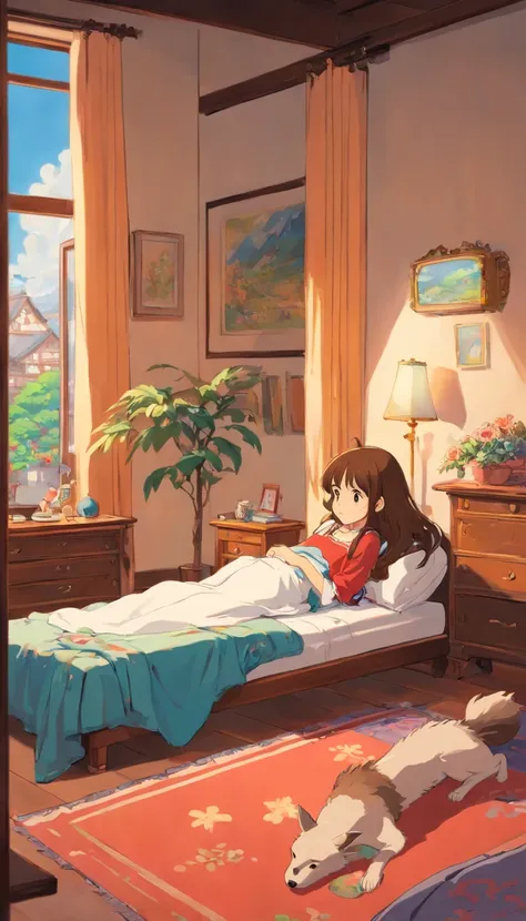 A girl with long brown hair in bedroom the other one is lying down in a bed and other one is standing facing her twin