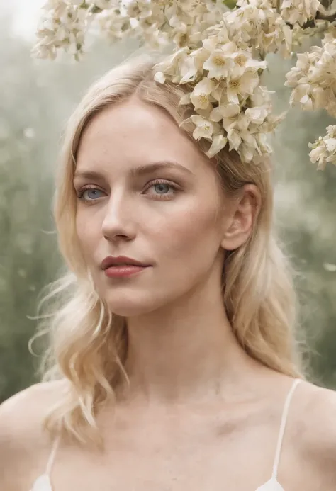 Caucasian woman in an illustration with dripping flowers on her face,upper body,blonde hair, in the style of collage-based, made of insects, william wegman, colorism, white background, pencil art illustrations, national geographic photo