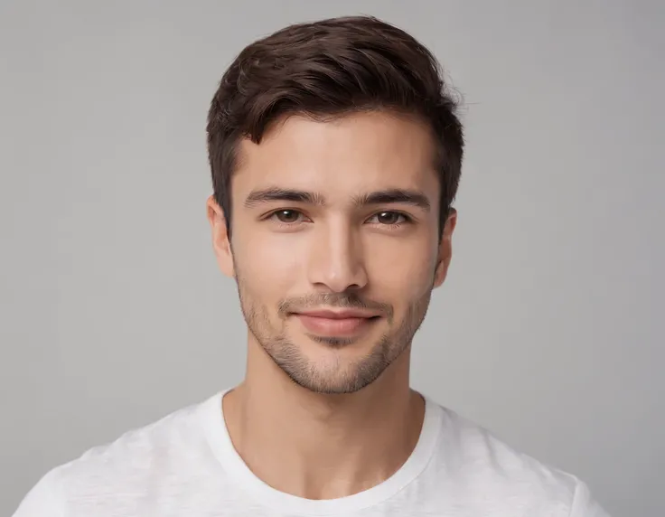 (photo: 1.3) af (realism: 1.3), (Australian man), Latino man profile picture, (frontal close-up), soft light, clear face, happy, cheerful, warm light, white T-shirt, (off-white background), (blank background), ((gray wall background)) avatar, (short hair),...