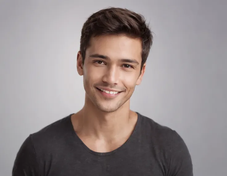 (photo: 1.3) af (realism: 1.3), (Australian man), Latino man profile picture, (frontal close-up), soft light, clear face, happy, cheerful, warm light, white T-shirt, (off-white background), (blank background), ((gray wall background)) avatar, (short hair),...