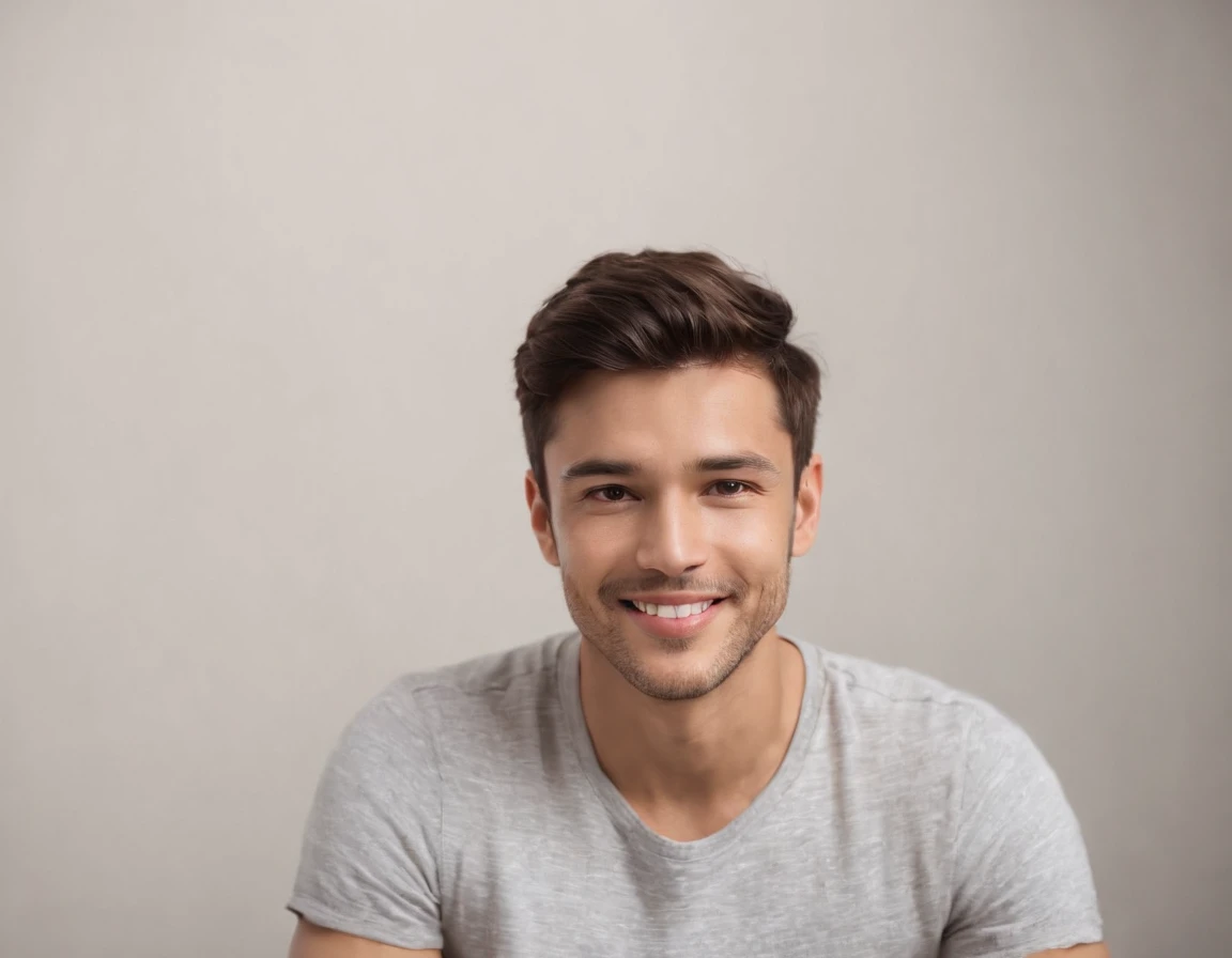 (photo: 1.3) af (realism: 1.3), (Australian man), Latino man profile picture, (frontal close-up), soft light, clear face, happy, cheerful, warm light, white T-shirt, (off-white background), (blank background), ((gray wall background)) avatar, (short hair),...