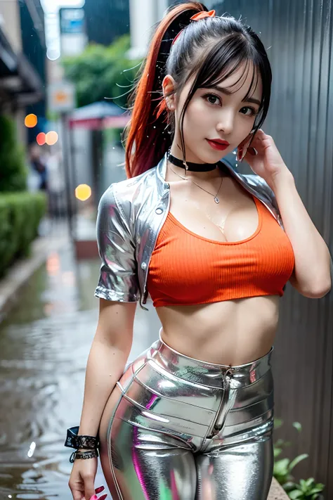 sologirl,Back alley in heavy rain,Drenched bad girl,large full breasts,piercings,Punk rock fashion,Punk rock shirt with chain,Punk rock pants with chain,a choker,(The whole body is soaking wet,Rainwater dripping from the face,Wet face,wetting hair,Wet and ...