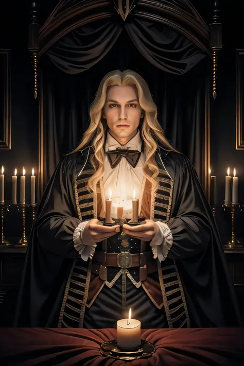 1man, handsome man, portrait upper body of alucardcastlevania wear court suit in bedroomgothic room, candle, looking at viewer, dim light, dark, horror (theme), realistic, long blonde,