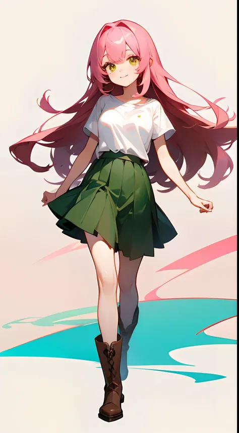 Fluffy semi-long pink hair、Golden Eyes、a beauty girl、Plain white T-shirt、Brown Short Boots、Green skirt、A smile、white plain background、