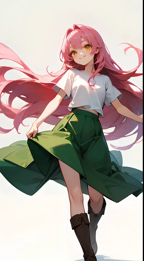 Fluffy semi-long pink hair、Golden Eyes、a beauty girl、Plain white T-shirt、Brown Short Boots、Green skirt、A smile、white plain background、