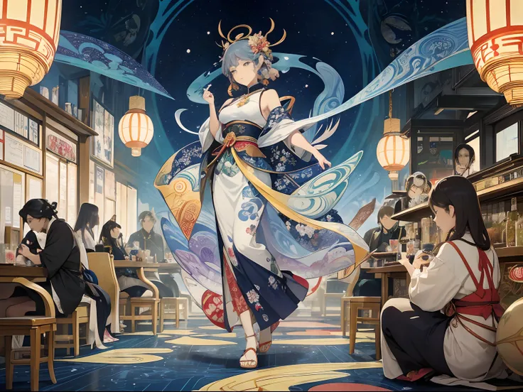 Hokusai, Alphonse Mucha, Kay Nielsen, Remedios Varo, katsuhiro Otomo, Ukiyo-e, Japanese anime, surreal mysterious weird bizarre fantasy sci-fi fantasy solar system sucked into a glass bottle cafe counter, hyper detailed, high resolution high definition hig...