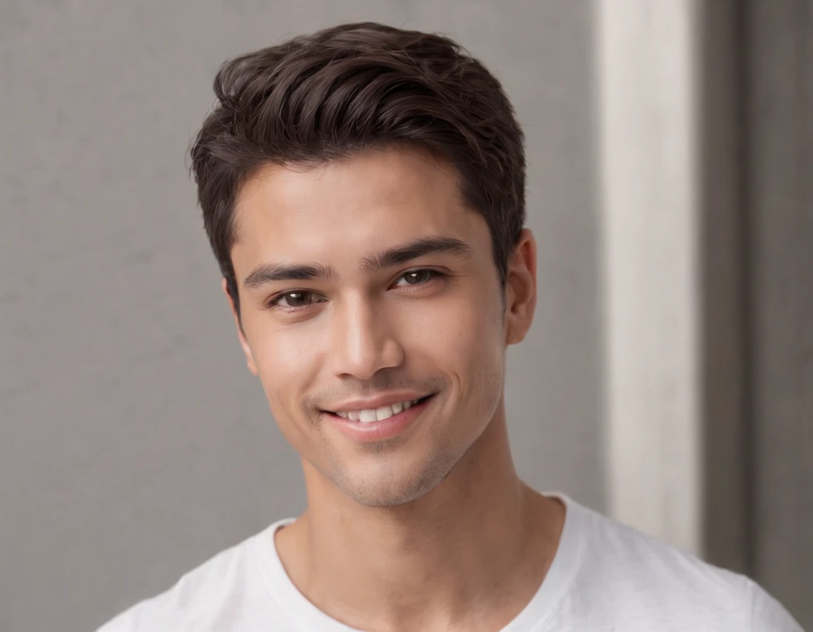 (Photo: 1.3) af (realism: 1.3), (Latino male), Latino male avatar, (frontal close-up), soft light, clear face, happy, cheerful, warm light, white T-shirt, ( Close - white background), (blank background), ((grey wall background)) avatar, (short hair), smile...