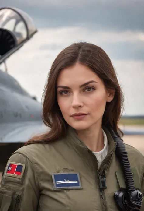 uma mulher, uniformizado, in front of an F 15 military aircraft, Roupas de piloto militar,