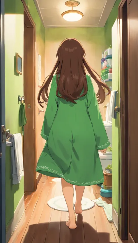 Two girl with a long brown hair,back view,pushing on the way to the bathroom,messy room,wearing green big short and pajama,Back view.