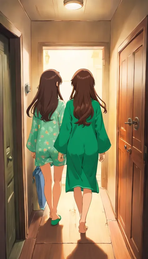 Two girl with a long brown hair,back view,pushing on the way to the bathroom,messy room,wearing green big short and pajama,Back view.