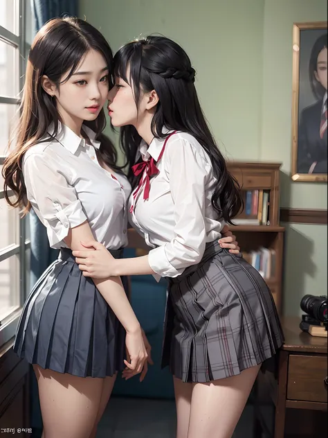 Two girls in white collared shirts and navy blue pleated skirts are staring at each other、Kiss face to face、Big、Korean Idols、Live action、Sauce order、Asian woman smiling at Alafe,、Young Pretty Gravure Idol, Young skinny gravure idol, Realistic Young Gravure...