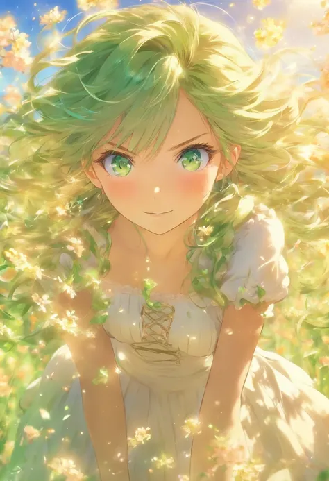 garden,Anime girl wearing skirt in flower field, Loli girl in a dress, Official anime artwork, Violet Evergarden,Green hair, Emerald hair,green long hair,Elf Princess, Emerald eyes,the elf,anime visual of a cute girl, beautiful teenage girl, cute anime wai...