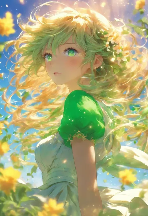 garden,Anime girl wearing skirt in flower field, Loli girl in a dress, Official anime artwork, Violet Evergarden,Green hair, Emerald hair,green long hair,Elf Princess, Emerald eyes,the elf,anime visual of a cute girl, beautiful teenage girl, cute anime wai...