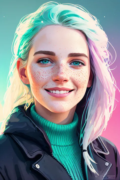 portrait of beautiful smiling woman with some freckles, snow-covered mountain landscape background by ilya kuvshinov and annie leibowitz. synthwave watercolor painting on canvas trending in artstation dramatic lighting abstract expressionism pastel shades ...