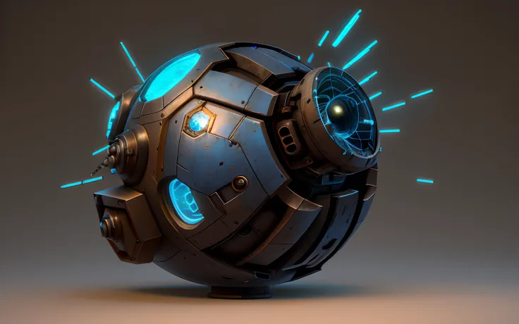 Spherical energy body，Blue energy light，energy core，Exposed industrial parts，Industrial feel，The interior emits a blue energy light，Sci-fi sense，metalictexture，Winds of doom，Slight rust，Hard surface 3D, Cyberpunk elements，Industrial feel，More metal parts，r...