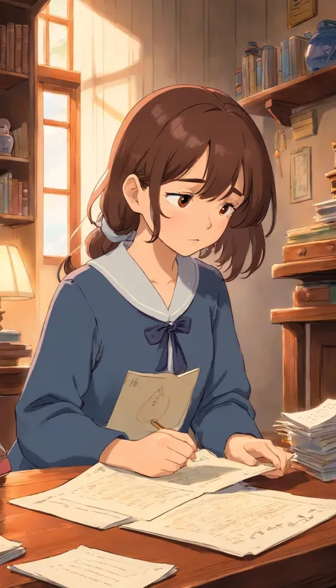 A girl with brown hair crying while reading a letter in her room