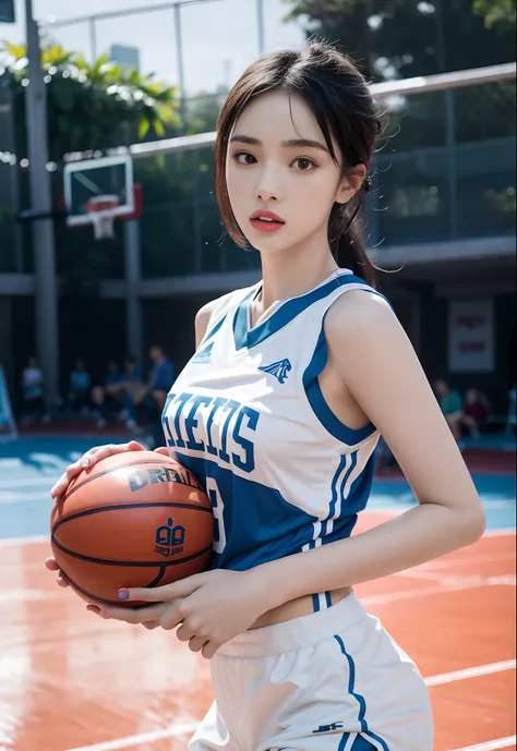 arafed asian woman holding a basketball on a basketball court, wearing basketball jersey, wearing nba jersey, wearing a volleyball jersey, professional sports style, photo of slim girl model, full body xianxia, sporty, dilraba dilmurat, wenjun lin, wenfei ...