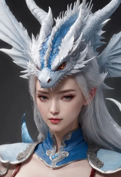 Luna Freya Knox Frey，Highest image quality，Outstanding details，超高分辨率，（Fidelity：1.4）, Favor the details，closeup cleavage，Ride a dragon，High-tech dragon knight mech，He has a delicate and beautiful face，（（Blue-white flying semi-mechanical fuselage：1.8）），Raise...