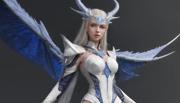 Luna Freya Knox Frey，Highest image quality，Outstanding details，超高分辨率，（Fidelity：1.4）, Favor the details，closeup cleavage，Ride a dragon，High-tech dragon knight mech，He has a delicate and beautiful face，（（Blue-white flying semi-mechanical fuselage：1.8）），Raise...