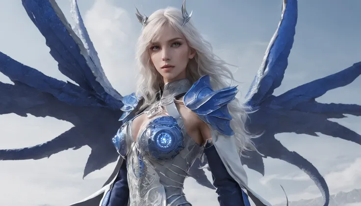 Luna Freya Knox Frey，Highest image quality，Outstanding details，超高分辨率，（Fidelity：1.4）, Favor the details，closeup cleavage，Ride a dragon，High-tech dragon knight mech，He has a delicate and beautiful face，（（Blue-white flying semi-mechanical fuselage：1.8）），Raise...