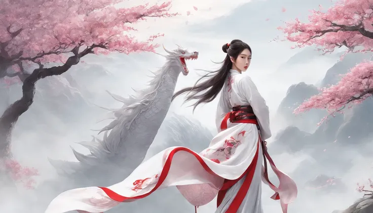 Luna Freya Knox Frey，动态照明，art  stations，poster for，Volumetriclighting，Very detailed faces，4k wallpapers，He has a delicate and beautiful face，long hair flowing，horse tailed，Fringed Hair Ornament，Dynamic perspective，White Hanfu，White gauze flying，red waistba...