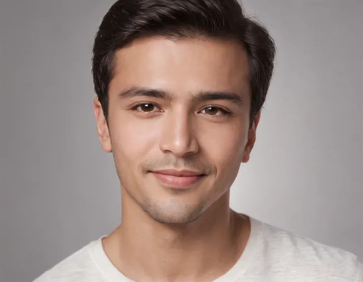 (Photo: 1.3) af (realism: 1.3), ((Latino man )), frontal close-up, soft light, clear face, happy, cheerful, warm light, white T-shirt, (off-white background), (blank background), (grey wall background) avatar, (short hair), smile, handsome, young, short ha...