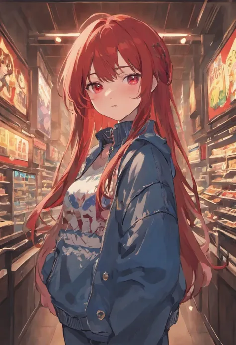 1girl, denim, pants, jeans, sweater, red hair, cowboy shot, long hair,, masterpiece, best quality, highly detailed