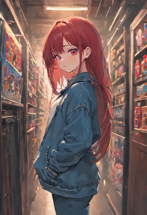 1girl, denim, pants, jeans, sweater, red hair, cowboy shot, long hair,, masterpiece, best quality, highly detailed