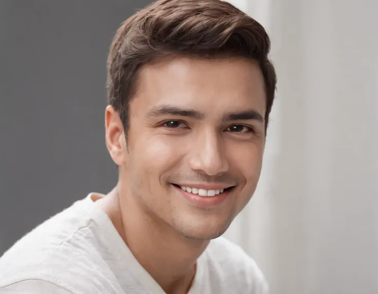 ((Latino man)), (Photo: 1.3) af (realism: 1.3),frontal close-up, soft light, clear face, happy, cheerful, warm light, white T-shirt, (off-white background), (blank background), (grey wall background) avatar, (short hair), smile, handsome, young, short hair...