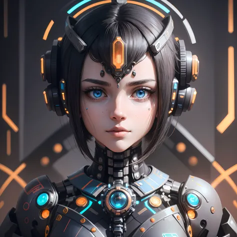 This mechanical girl has surreal details that make it look like she really exists. She has a portrait style, soft facial lines, bright fluorescent eyes, and delicate mechanical limbs decorated with intricate patterns. Global illumination and shadows make h...