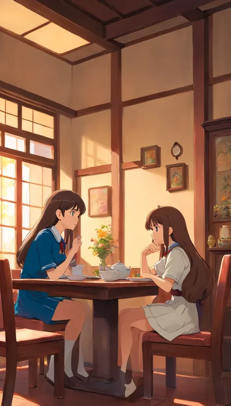 A girl with a long brown hair,wearing desent school uniform,talking to her mother,serious face,sitting in the dining area while her mother sitting in front of her.