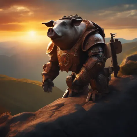 A half war pig half robot half human with a axes in its hand on a cliff side looking at the sun