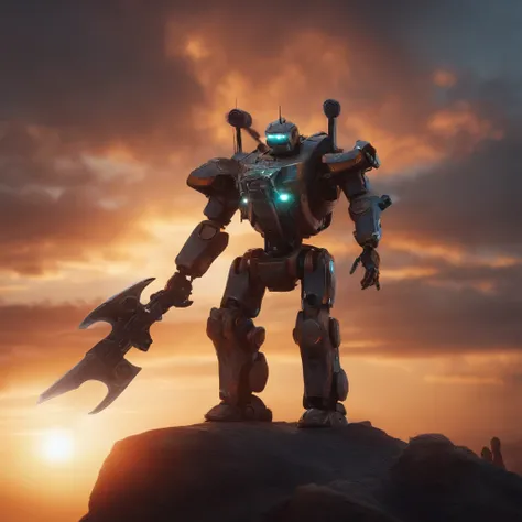 A war robot half human with a axes in its hand on a cliff side looking at the sun