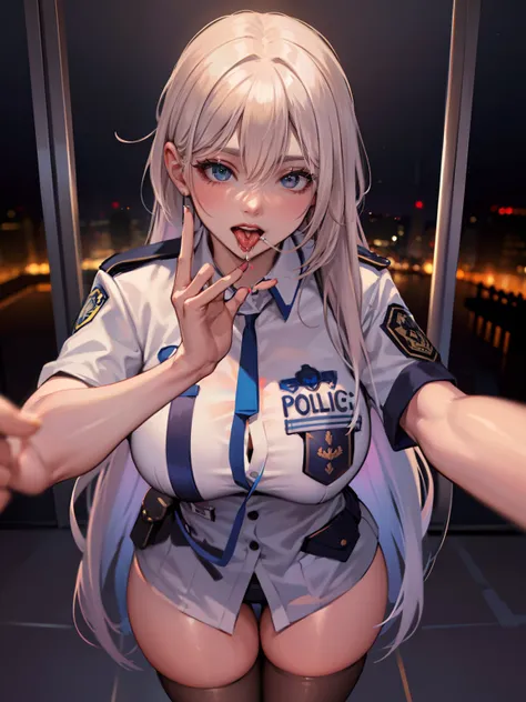 Solo, (Police Uniform, policewoman), Stockings, City lights, (gaze at the audience: 1.3), Lips apart, Red lips, Shiny skin, dent in the skin, Best Quality, Ultra High Resolution, (Realism: 1.4),finger in anothers mouth, open mouth, finger biting, finger su...