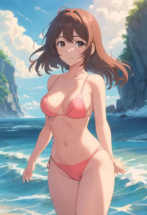 爆乳、Colossal tits、Bursting chest、Big ass、Tight leotards、a navel、Background sea、show the grinps、Hands on hips、Standing、open ones legs、The Cutest Beautiful Girl