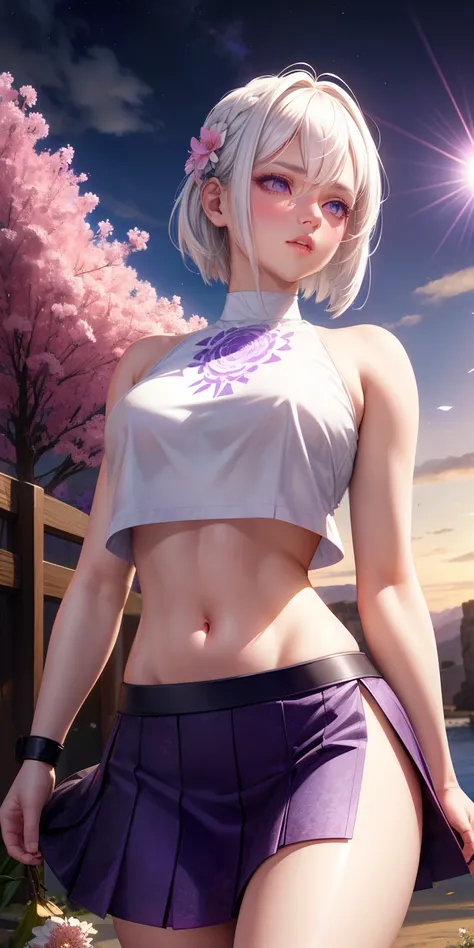 realistic, 1girl, white hair, purple eyes, glowing eyes, crop top, skirt, parted lips, blush, night, flowers, sun, sunlight,nsfw