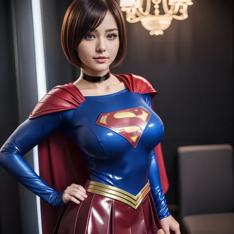 (Best Quality,4K,8K,hight resolution,masutepiece:1.2),Ultra-detailed,Realistic:1.37,Super masterpiece,Short-haired Supergirl、large full breasts、Looking at the camera、Glossy costume、a choker、Too short miniskirt、Idol magazine cover