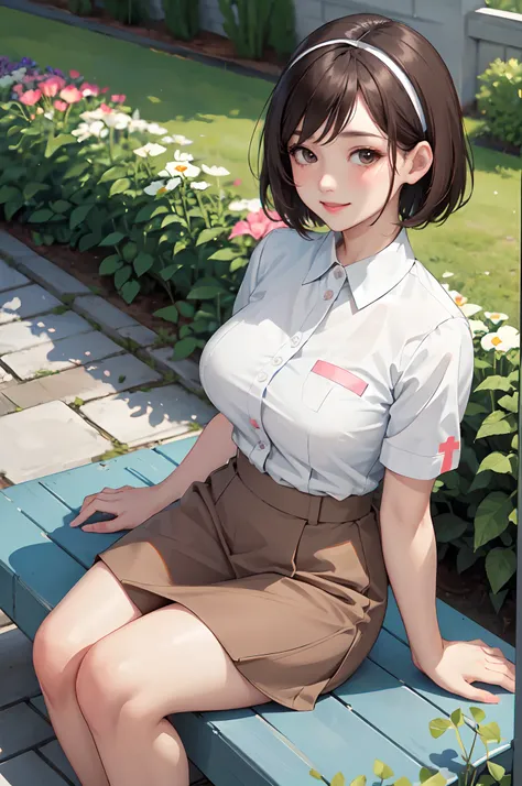 1lady solo nurse, sitting on bench, /(nurse uniform/), /(brown short hair/), blush kind smile, (masterpiece best quality:1.3) delicate illustration ultra-detailed , large breasts BREAK /(garden in front of hospital/)