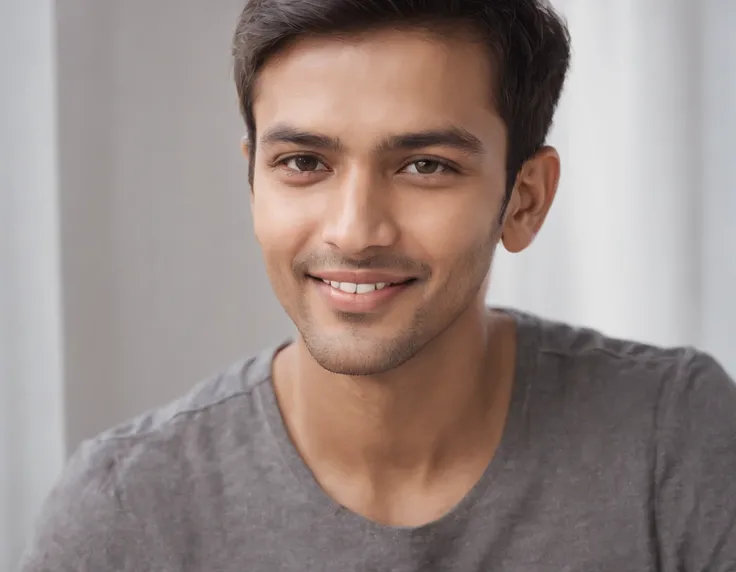 ((Indian man)), (photo: 1.3) af (realism: 1.3), frontal close-up, soft light, clear face, happy, cheerful, warm light, white t-shirt, (off-white background), ( Blank background), (gray wall background) avatar, (short hair), smile, handsome, young, short ha...