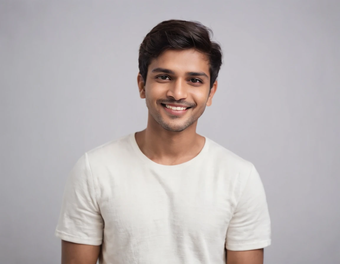 ((Indian man)), (photo: 1.3) af (realism: 1.3), frontal close-up, soft light, clear face, happy, cheerful, warm light, white t-shirt, (off-white background), ( Blank background), (gray wall background) avatar, (short hair), smile, handsome, young, short ha...