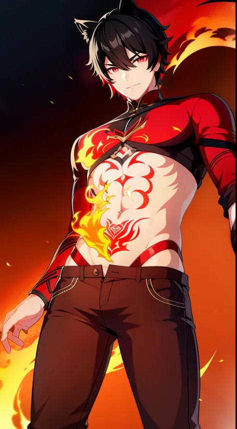 young boy, short black hair, cat ears, red eyes, tattoo, open torso, red pants, fire, Masterpiece, hiquality, 4k, HD, Good detail