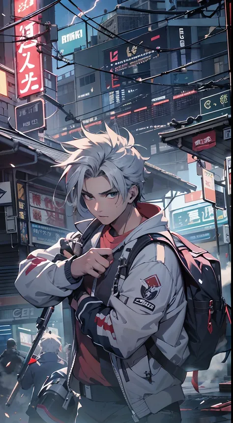 2boys,(15 years old boy:1.5)、Anime-style protagonist、Cyberpunk Boy、silber hair、Spiky hairstyle、machine gun、Japan sword on the back、Whole body bloody、Looking at the camera、Overhead view of the composition、The beginning of the adventure、Lots of clouds,heavy ...