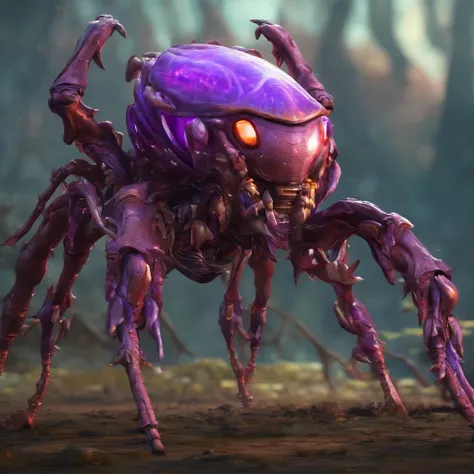 A purple bug with huge claws and fangs, zerg, Zerg StarCraft, A scene from the《StarCraft》, space insect android, insect like, Shogoth, changelingcore, Creature - Mecha face, Swarms of mutant organisms, zerg hydralisk, detailed maw, Alien biological weapons...