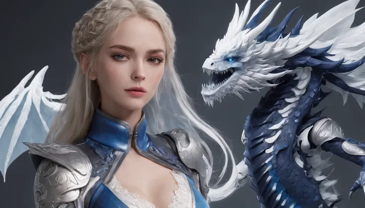 Luna Freya Knox Frey，Highest image quality，Outstanding details，超高分辨率，（Fidelity：1.4）, Favor the details，closeup cleavage，Ride a dragon，High-tech dragon knight mech，He has a delicate and beautiful face，（（Blue-white flying semi-mechanical fuselage：1.8）），Raise...