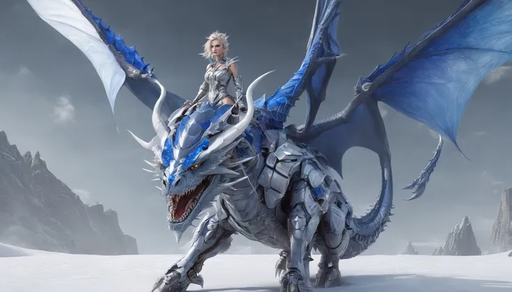 Luna Freya Knox Frey，Highest image quality，Outstanding details，超高分辨率，（Fidelity：1.4）, Favor the details，closeup cleavage，Ride a dragon，High-tech dragon knight mech，He has a delicate and beautiful face，（（Blue-white flying semi-mechanical fuselage：1.8）），Raise...