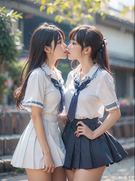 Two girls in white collar shirts and navy blue pleated skirts are staring at each other、Kiss face to face、Big、Korean Idols、Live action、Sauce order、Asian woman smiling at Alafe,、Young Pretty Gravure Idol, Young skinny gravure idol, Realistic Young Gravure I...