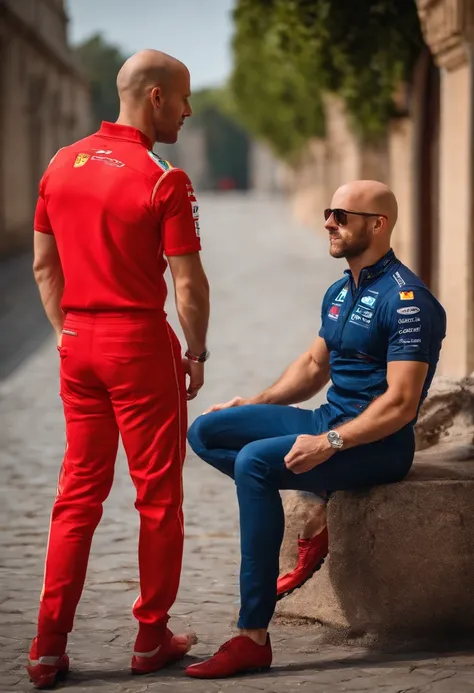 Muscular Active Gay Sebastian Vettel in Red Ferrari Racing Jumpsuit and His Boyfriend Passive Gay Bald Jock in T-shirt and Jeans