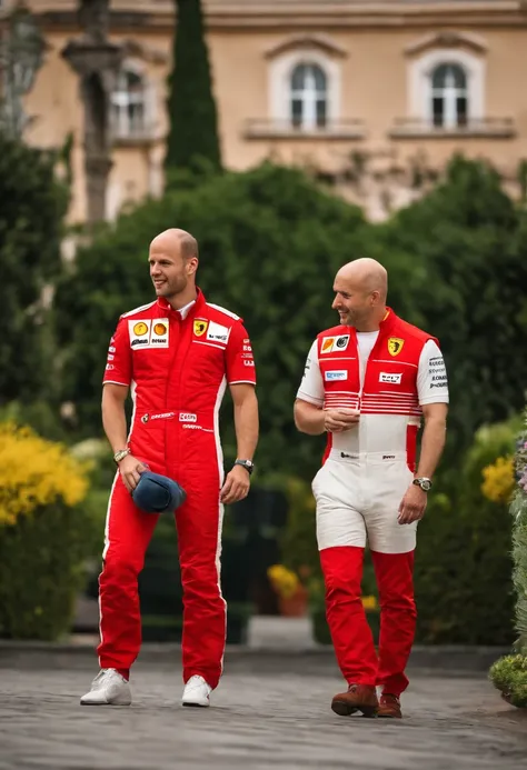 Muscular Active Gay Sebastian Vettel in Red Ferrari Racing Jumpsuit and His Boyfriend Passive Gay Bald Jock in T-shirt and Jeans