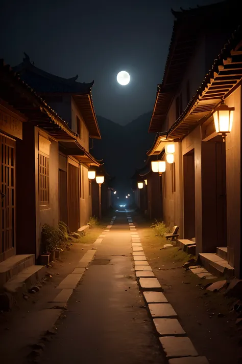 Its a night where theres only moonlight in the middle of a rural road in an ancient Chinese village with no lights.