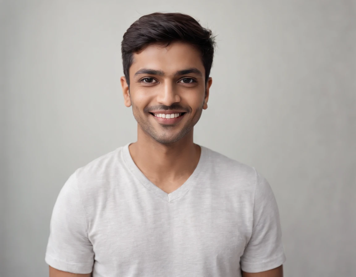 ((Indian man)), (Indian man), (Photo: 1.3) af (photorealism: 1.3), frontal close-up, soft light, clear face, happy, cheerful, warm light, white T-shirt, ( Gray and white background), (blank background), (gray wall background) avatar, (short hair), smile, s...